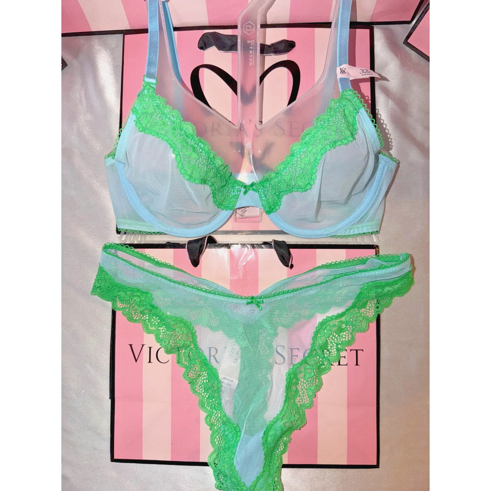 Victoria's Secret Bra Unlined Tease 32C Medium Thong Blue & Lime Green
